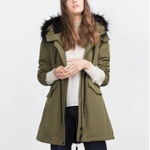 Zara Basic Parka Hooded Mid Length Detachable Faux Fur Coat Olive Women XS